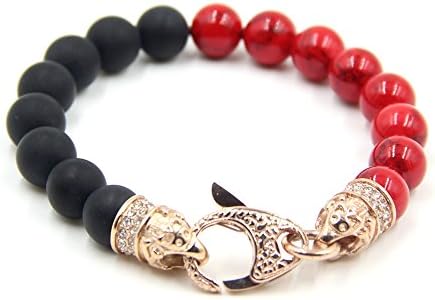 Theidolhand Men's Onyx and Red Coral Bracelet Semi Precious Stone Onyx Lava Skull and Bones 8.5 Inch Rose Gold Plated Clasp High Quality Steel Constructed with High End Lobster Clasp