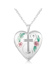 Heart Shaped Photo Locket Pendant w/ Cross Design Sterling Silver