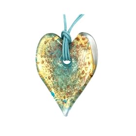 Sterling Silver Teal and Yellow-Tone Murano Glass Heart Pendant w/ Teal Cord
