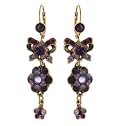 Victorian Elegance Michal Negrin Splendid Dangle Earrings Decorated with Hand Painted Flowers, Bow Tie Accent, Dark Blue and Purple Swarovski Crystals