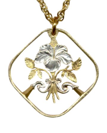 Stunning World 2-toned Nautical Gold and Sterling Silver Cut Coin Necklace Pendant Women's Men's Jewelry - Bahamas 15 Cent (Hibiscus) "Copper - Nickel" (U.s. Quarter - Size) 1966 - 1985
