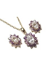 Peninsula Jewellery 9Ct Gold Amethyst And Cubic Zirconia Oval Cluster Pendant With Chain And Earring