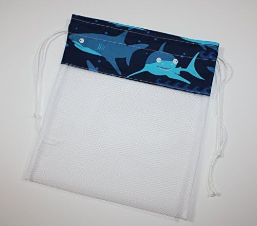 Sea Shell Collecting Bag, Sharks Fabric & Mesh, Drawstring Beach Bag