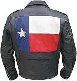 Men's Classic Black Leather Motorcycle Jacket with TEXAS Flag on the back Sizes 40-56