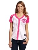 MLB Women's Chicago Cubs Short Sleeve 5 Button Synthetic Replica Baseball Jersey (White & Pink Splash Pinstripes, X-Large)