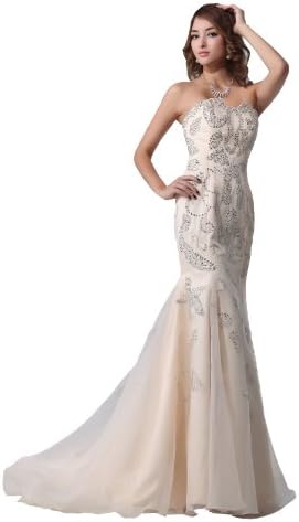 Heyivogue Women Mermaid Strapless Sequins Sweep Train Formal Evening Dress 3341 2 White