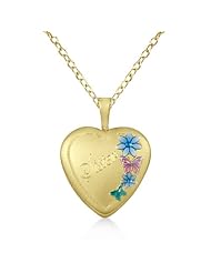 Heart Shaped Locket Sister Pendant Necklace With Flower and Butterfly Design 14K Yellow Gold Vermei