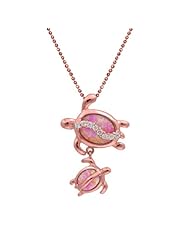 Mom and Baby Turtle Pink Opal Necklace Pendant w/ Rose Gold Finish and Chain