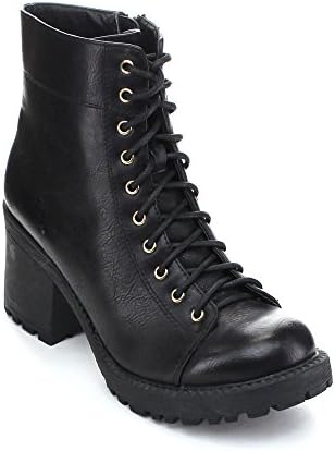 CITY SNAPPERS 3300-1 Women's High Top Low Heel Ankle Combat Bootie, Color:BLACK, Size:7