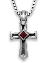 Sterling Silver Small Cross Pendant with Garnet Stone & 18" Box Chain