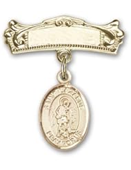 14K Gold Baby Badge with St. Lazarus Charm and Arched Polished Badge Pin