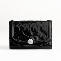 Coach Gallery Embossed Signature Black Patent Leather Compact Clutch Wallet 46327