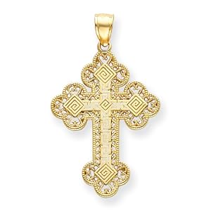 14k Budded Greek Key Cross Pendant