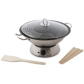 Bestron - DFD1500 - Wok en Inox - Couvercle en Verre - 1000 W - Spatule en Bambou / 6 Pair de chop sticks / Support � Egoutter