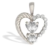 14K White Gold Genuine Heart White Topaz and Diamond Pendant