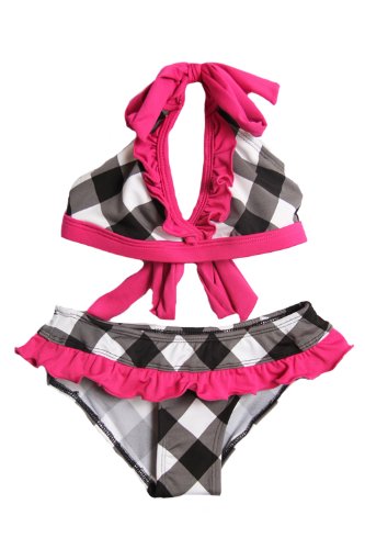 Deals NWT Kid Girls 2 piece halter top fuchsia and black swimsuit