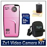Kodak Zx1 Pocket Video Camera Camcorder Pink, 720p HD, 128MB Internal Flash Memory, SD/SDHC Expansion Slot, Ultra-Compact Digital Camera Deluxe Carrying Case, 3pc. Lens Cleaning Kit, 2 GB Memory Card