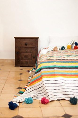 The Forest. Moroccan Pom Pom Blanket Throw, Quilt, Bedding, Cotton. Large (78 x 118 inches / 2 x 3 m)
