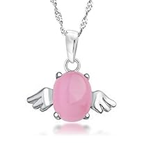 Rhodium plated 925 sterling silver Classic pink opal angel wings pendant charm jewellery 45 cm chain