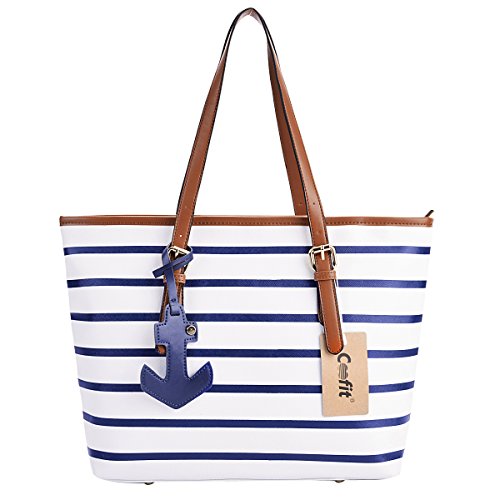 Coofit Stripes Handbag Womens PU Leather Purse with Sea Anchor Pendant Blue/White