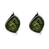 Baltic Green Amber and Sterling Silver Leaf Stud Earrings