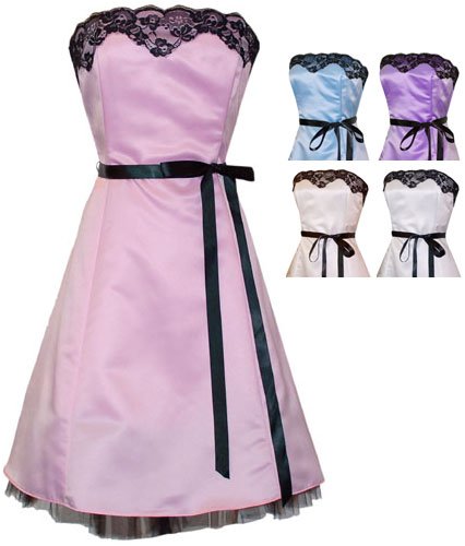 Strapless Satin Tulle Prom Dress Black Lace Trim
