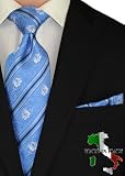 Berioni Hand Made in Italy 100% Woven Silk Mens Neck Tie + Pocket Square Jacquard Woven Tie and Hanky Set Blue Black L2