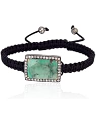 18kt Gold Diamond Pave Emerald Charm Macrame Stretch Bracelet Silver Handmade Jewelry