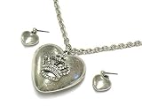 Large Crystal Crown on Puff Belly Heart Necklace with Earrings Set