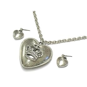Large Crystal Crown Heart Necklace with Earrings Set