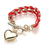 Gold Chain Leather Weave Fashion Bracelet (Red)