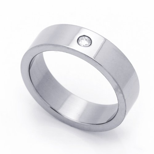 6MM Stainless Steel Single CZ Bezel Set Wedding Band Ring (Size 8 to 14)