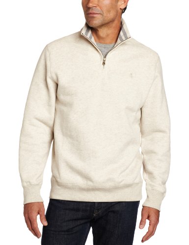 IZOD Men's Long Sleeve Sueded Fleece Zip Sweatshirt, Oatmeal Heather, Medium On Sale