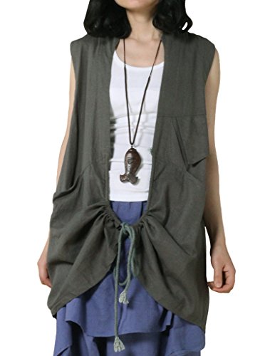 Mordenmiss Women's New Linen Sleeveless Vest Front Big Pockets Tops