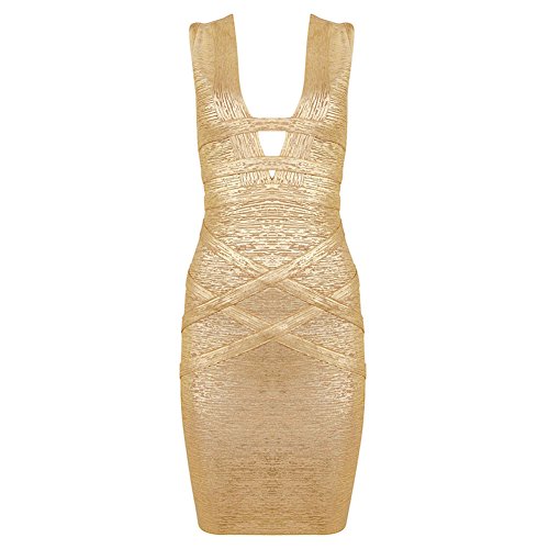 Whoinshop Gold Foil Printing V-neck Party Dress Ladies Sheath Bandage Dress
