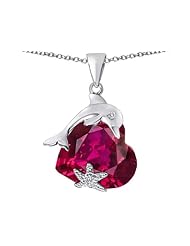 Original Star K (tm) Lucky Dolphin and StarFish Pendant with Heart Shape Created Ruby in 925 Sterling Silver