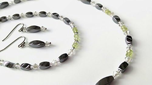Genuine Peridot, hematite, necklace, bracelet, and earring set