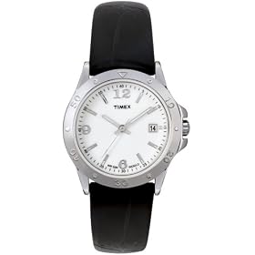 Timex Women's Sport Fashion Silver-Tone with Black Leather Strap Watch #T2M788