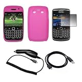 Premium Hot Pink Soft Silicone Gel Skin Cover Case + Crystal Clear Screen Protector + Rapid Car Charger + USB Data Sync Charge Cable for BlackBerry Bold 9700 [Accessory Export Packaging]
