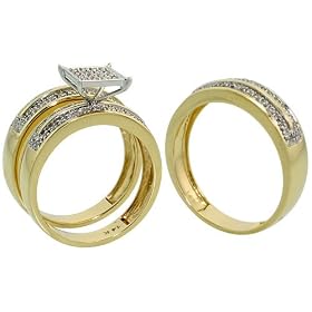 14k Yellow Gold Trio 3-Piece His (6mm) & Hers (6mm; 8mm) Wedding Band Set, w/ 0.61 Carat Brilliant Cut Diamonds; (Men's Size 9 to 12; Ladies' Size 6 to 8)