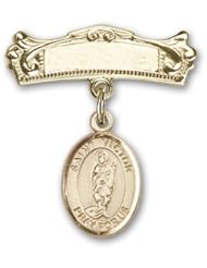 14K Gold Baby Badge with St. Victor of Marseilles Charm and Arched Polished Badge Pin