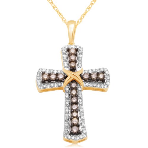 10k Yellow Gold Champagne and White Diamond Cross Pendant (1 2 cttw - I-J Color - I3 Clarity) - 18