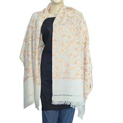 White Embroidered Scarves Stoles in Wool 80 x 27 inches (esrf049)
