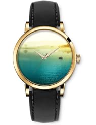 SPRAWL Aanalog Fashion Series Gold Ladies Watches of Genuine Black Leather Strap,Unique Wrist Watch for Women Girls Designed with Boat at sea