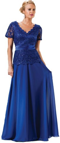 Meier Women's Short Sleeve Double V-Neck Lace Mother of Bride Dress