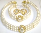 Three Strand Fresh Water Ivory Pearl Choker Necklace Crystals Loaded on Gold Locket Matching Earrings and Bracelet for Women and Teens