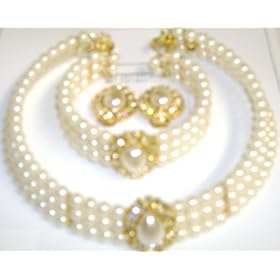 Three Strand Fresh Water Ivory Pearl Choker Necklace Crystals Loaded on Gold Locket Matching...