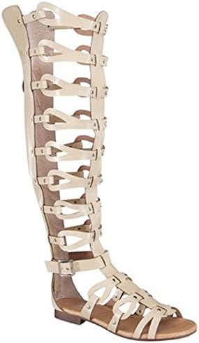 Alyssa 17 Womens Knee High Caged Gladiator Strappy Flat Sandals Beige 9