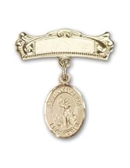 14K Gold Baby Badge with St. Joan of Arc Charm and Arched Polished Badge Pin
