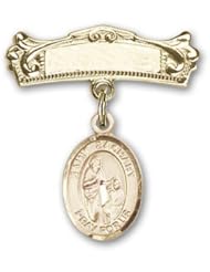 14K Gold Baby Badge with St. Zachary Charm and Arched Polished Badge Pin